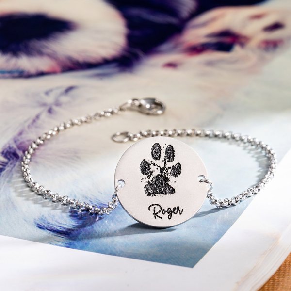 Custom Dog Paw Round Charm Bracelet Sterling Silver