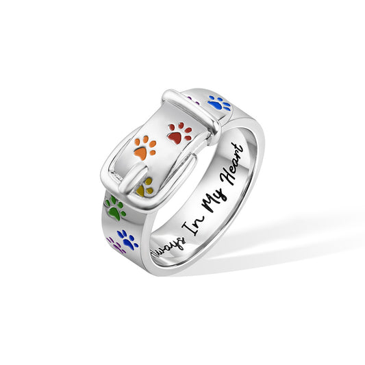 Sterling Silver 925/Custom Collar Ring with Rainbow Paw Print, Sterling Silver/Brass, Memory Pet Ring for Pet Lover