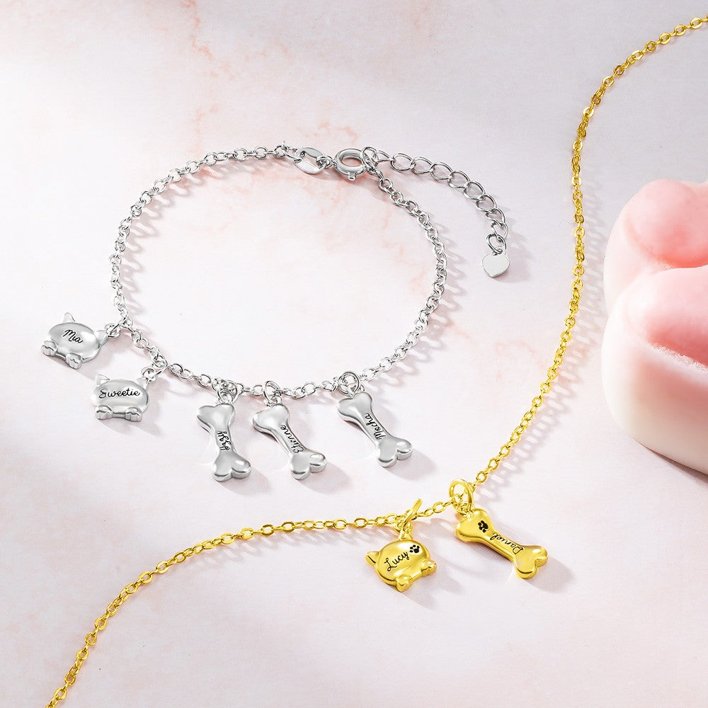 Sterling Silver 925/Custom Name Pet Necklace/Bracelet, Brass/Sterling Silver Dog Bone & Cat Head Charm Jewelry with Paw Print, Gift for Pet Lovers