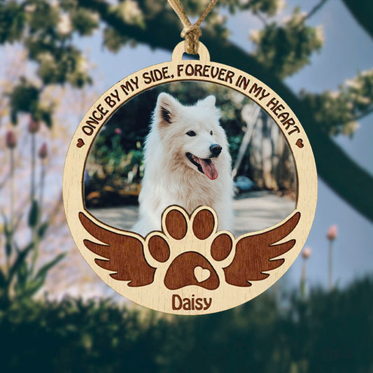 Custom Pet Memorial Ornament with Photo and Name, Wooden Remembrance Paw Print Angel Wings Pet Portrait Ornament, Pet Loss Sympathy Gift for Pet Lover