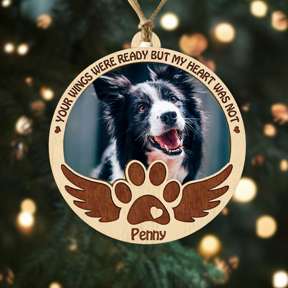 Custom Pet Memorial Ornament with Photo and Name, Wooden Remembrance Paw Print Angel Wings Pet Portrait Ornament, Pet Loss Sympathy Gift for Pet Lover