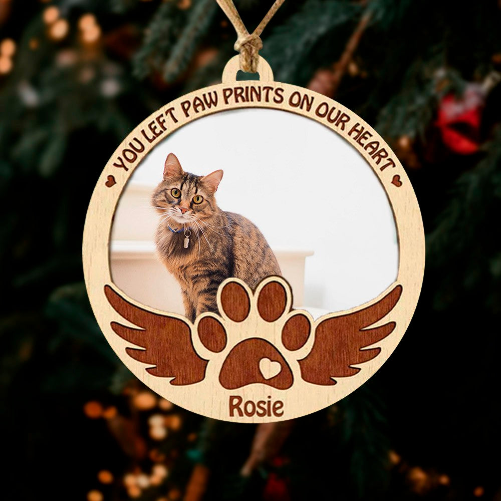 Custom Pet Memorial Ornament with Photo and Name, Wooden Remembrance Paw Print Angel Wings Pet Portrait Ornament, Pet Loss Sympathy Gift for Pet Lover