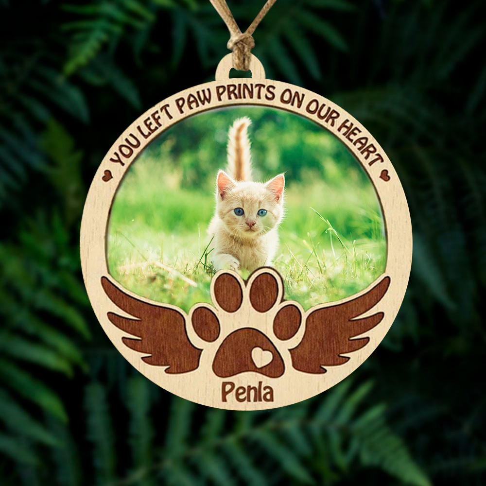 Custom Pet Memorial Ornament with Photo and Name, Wooden Remembrance Paw Print Angel Wings Pet Portrait Ornament, Pet Loss Sympathy Gift for Pet Lover