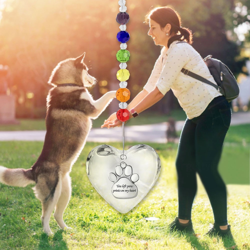 Rainbow Bridge Pet Loss Heart Sun Catcher, Memorial Keepsake, Pet Loss Gift, You Left Paw Prints on My Heart, Gift for Dog Mom/Pet Lovers