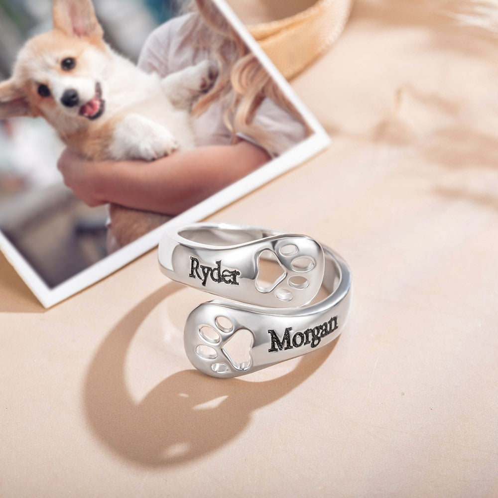 Custom Engraved Dog Paw Ring, Personalized Sterling Silver 925 Dog Memorial Jewelry, Open Adjustable Ring, Gift for Pet Lover/Family/Friend/Lover