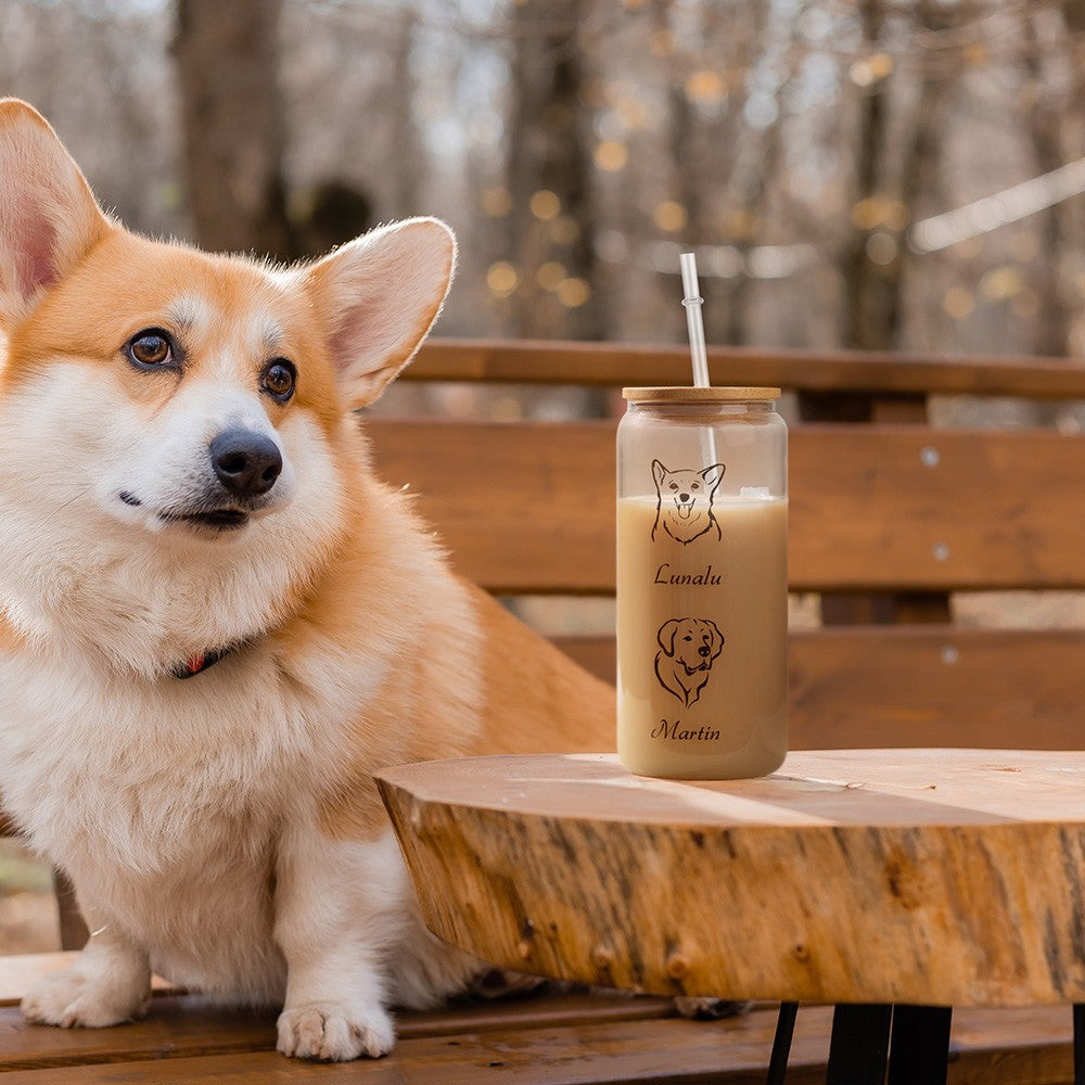 Custom Pet Name & Portrait Coffee Glass, Tumbler with Lid and Straw, Iced Coffee Cup, Beer Can Glass, Coffee Lover Gift, Gift for Pet Lovers/Dog Mom