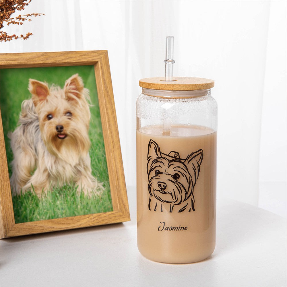 Custom Pet Name & Portrait Coffee Glass, Tumbler with Lid and Straw, Iced Coffee Cup, Beer Can Glass, Coffee Lover Gift, Gift for Pet Lovers/Dog Mom