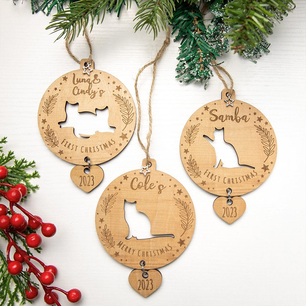 Custom Cat Silhouette Ornament with Name, Wooden First Christmas Decoration for Kitten, Christmas Gift for Cat Lover/Family/Friends