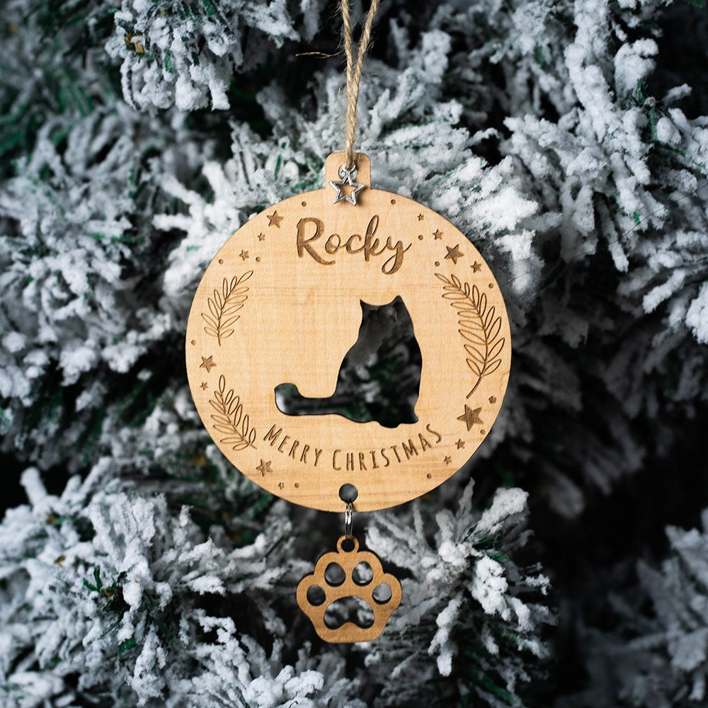 Custom Cat Silhouette Ornament with Name, Wooden First Christmas Decoration for Kitten, Christmas Gift for Cat Lover/Family/Friends