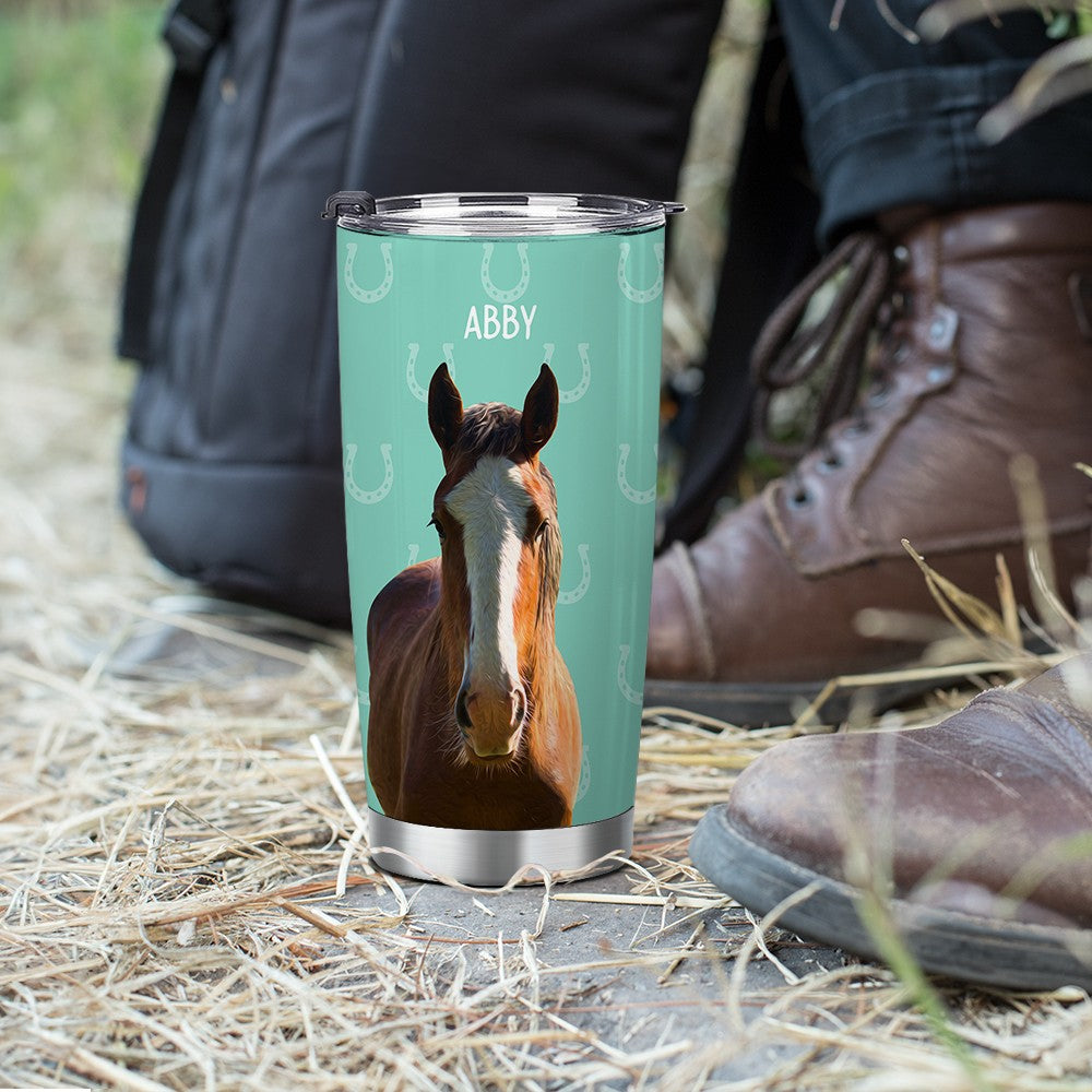 Personalized Name & Photo Horse Tumbler, Stainless Steel 20oz Horse Travel Mug with Straw, Gift for Horseback Rider/Horse Lover/Equestrian Enthusiast