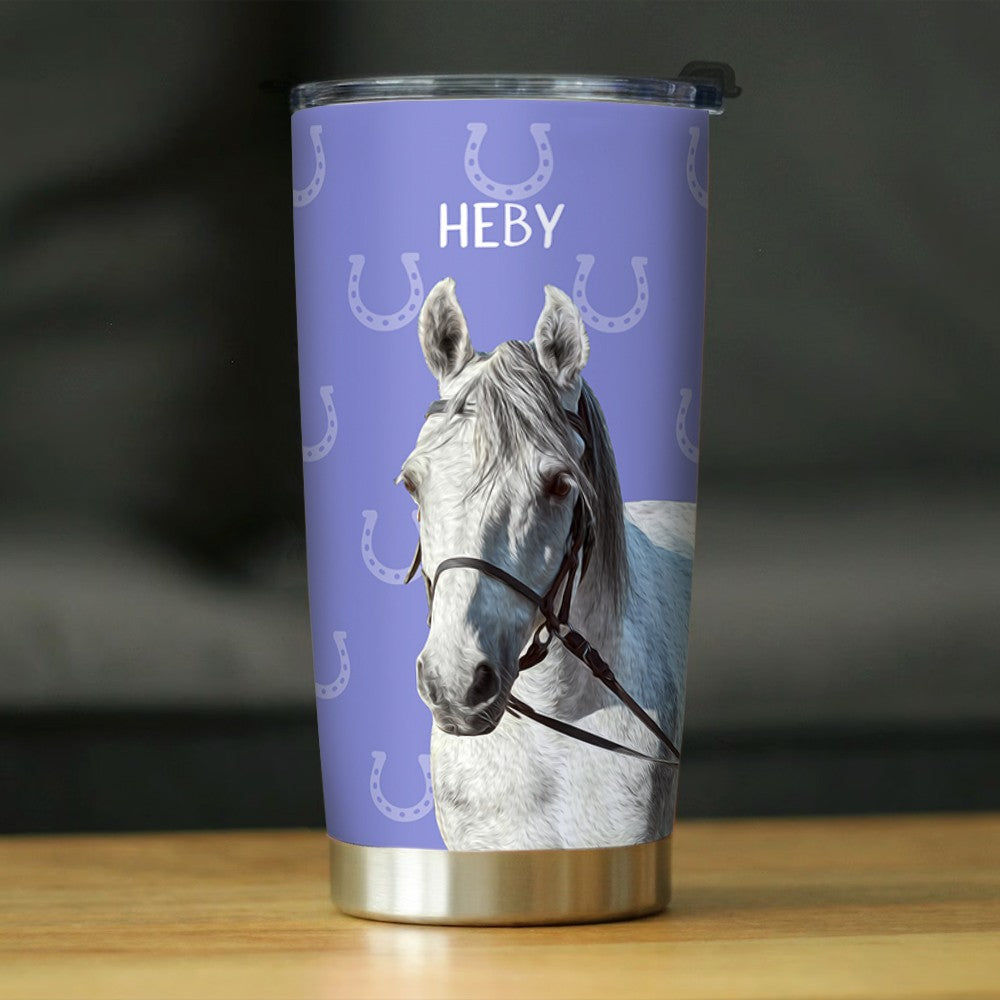 Personalized Name & Photo Horse Tumbler, Stainless Steel 20oz Horse Travel Mug with Straw, Gift for Horseback Rider/Horse Lover/Equestrian Enthusiast