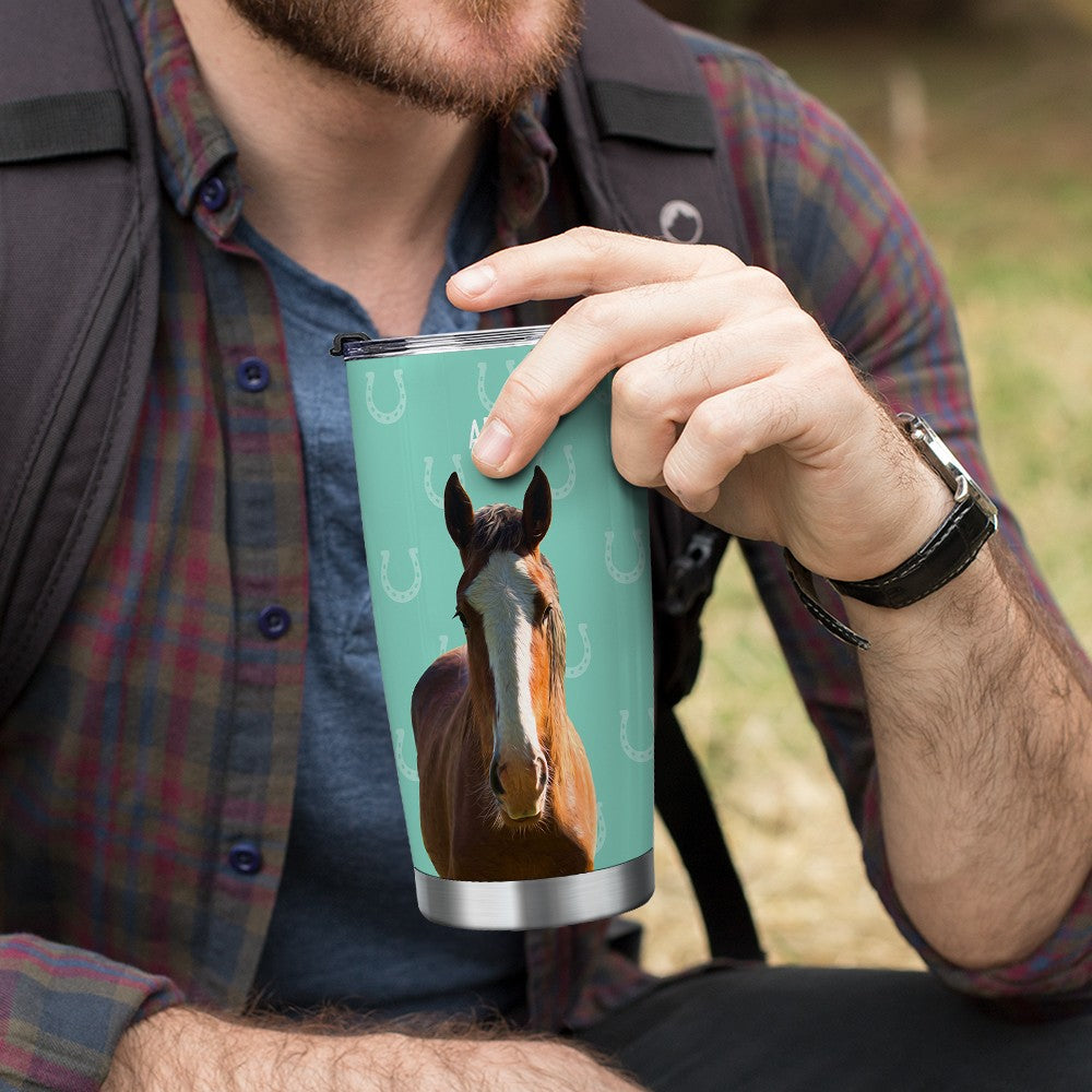 Personalized Name & Photo Horse Tumbler, Stainless Steel 20oz Horse Travel Mug with Straw, Gift for Horseback Rider/Horse Lover/Equestrian Enthusiast