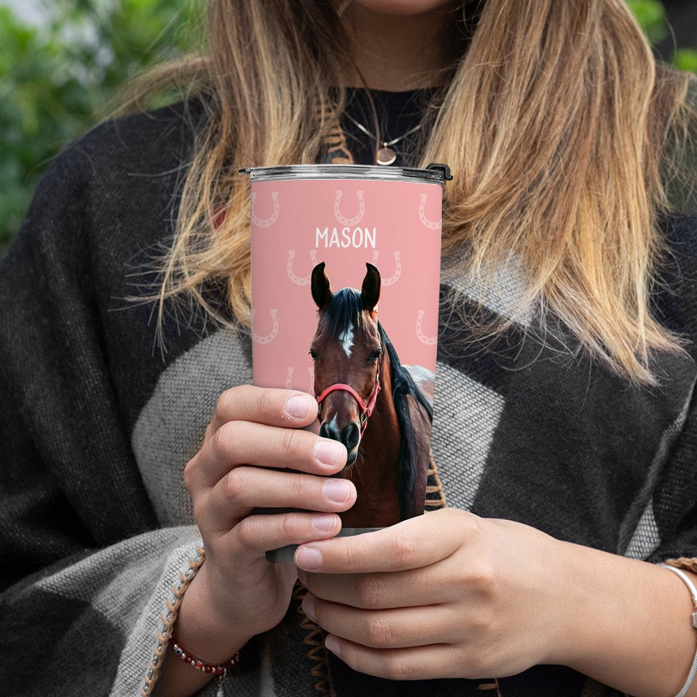 Personalized Name & Photo Horse Tumbler, Stainless Steel 20oz Horse Travel Mug with Straw, Gift for Horseback Rider/Horse Lover/Equestrian Enthusiast