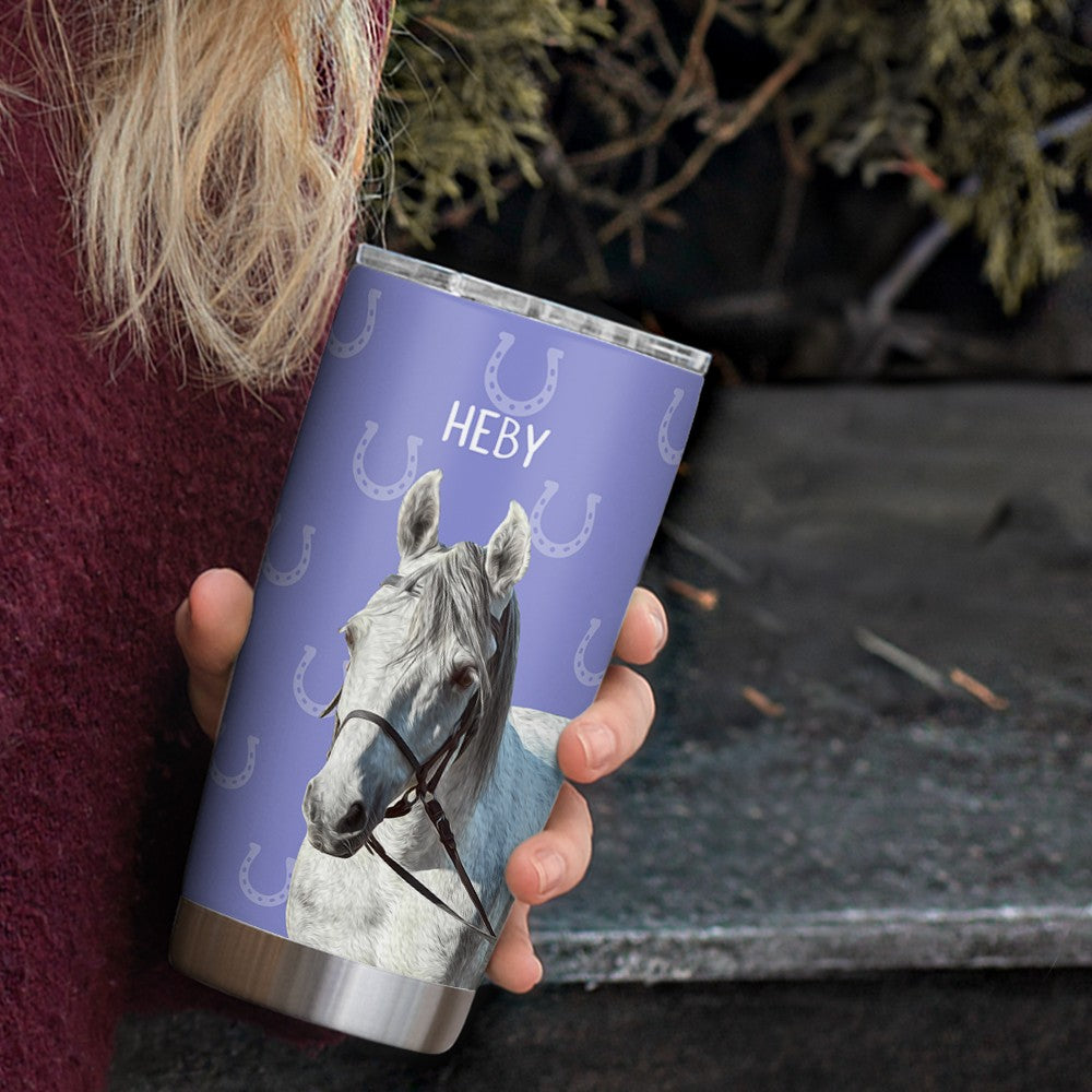 Personalized Name & Photo Horse Tumbler, Stainless Steel 20oz Horse Travel Mug with Straw, Gift for Horseback Rider/Horse Lover/Equestrian Enthusiast