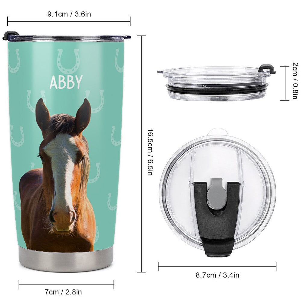 Personalized Name & Photo Horse Tumbler, Stainless Steel 20oz Horse Travel Mug with Straw, Gift for Horseback Rider/Horse Lover/Equestrian Enthusiast