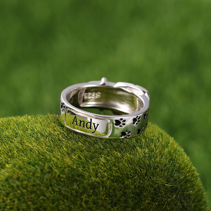 Engraved Pet Collar Ring with Footprint in Silver